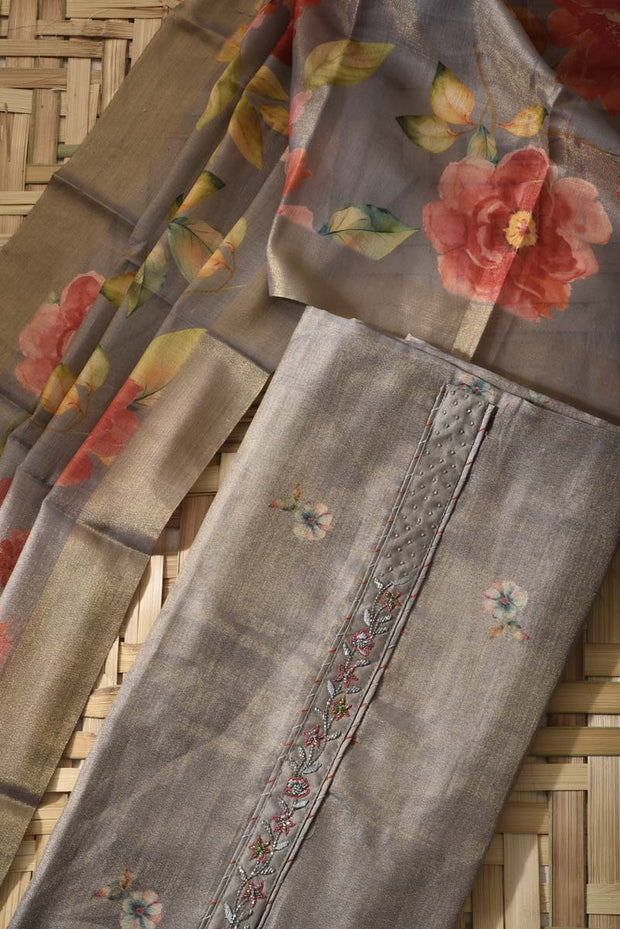 Steel Grey Tissue Cotton Dress Material