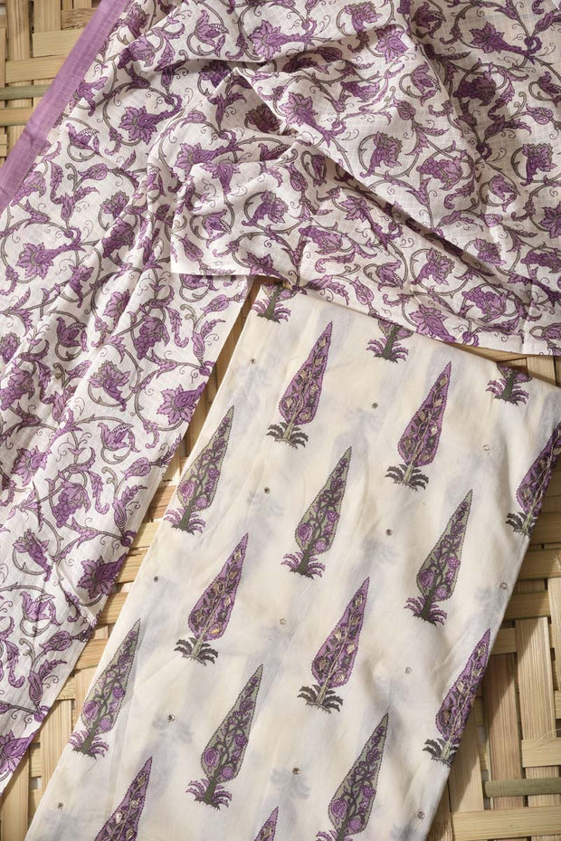 Cream & Purple Cotton Dress Material