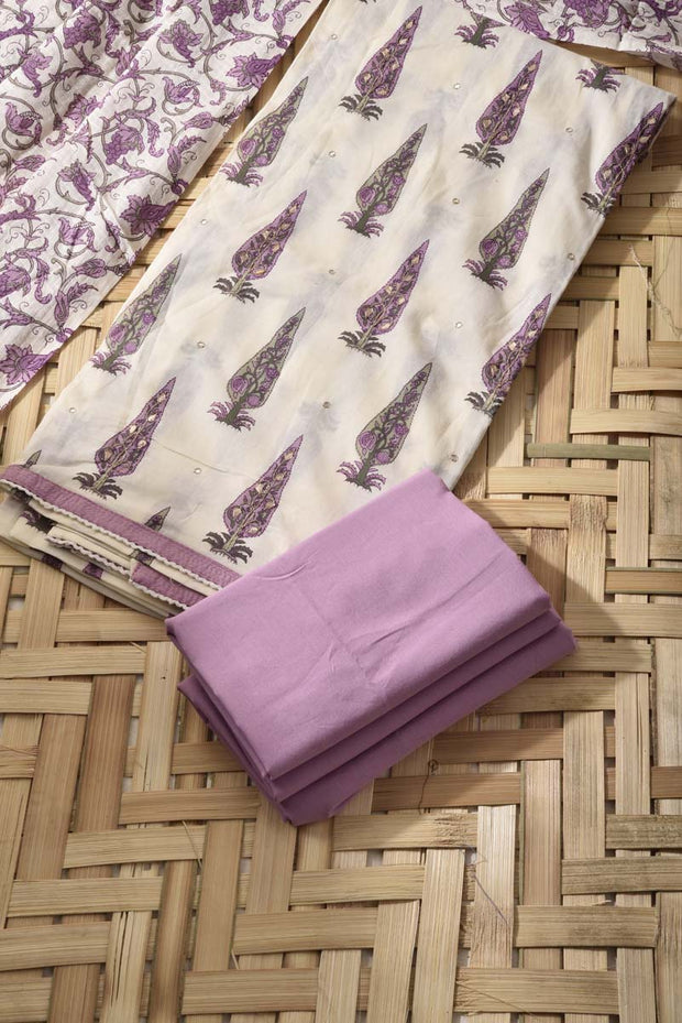 Cream & Purple Cotton Dress Material