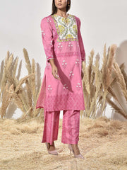 Pink Cotton Printed Kurta and Pant Set