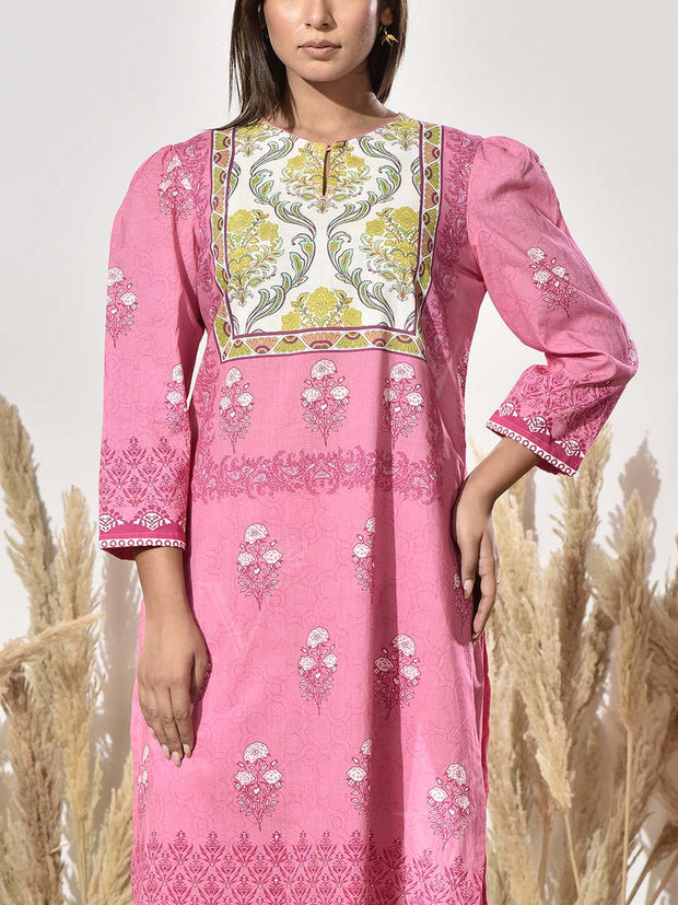 Pink Cotton Printed Kurta and Pant Set
