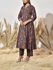 Brown Cotton Printed Kurta and Pant Set