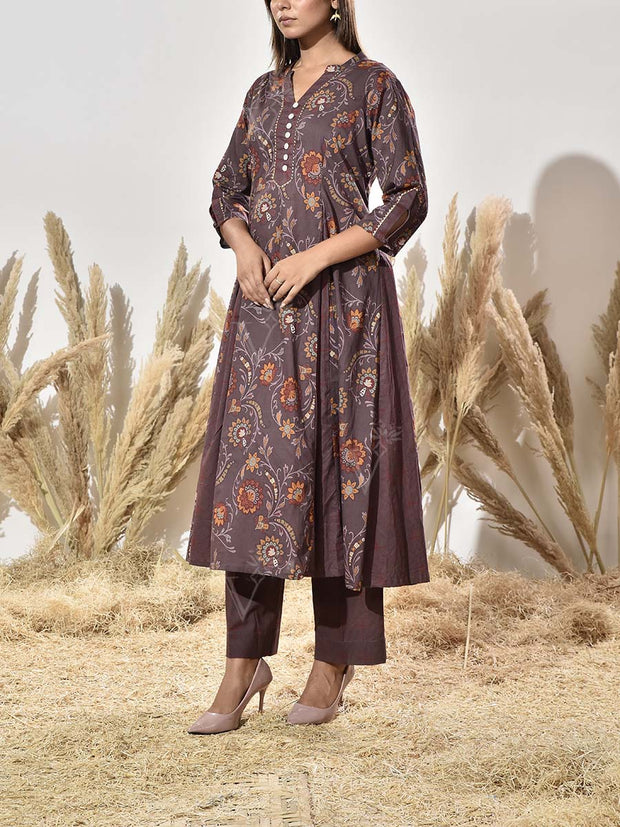 Brown Cotton Printed Kurta and Pant Set