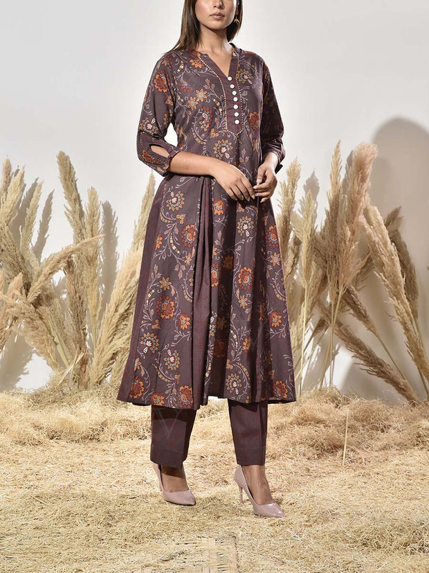 Brown Cotton Printed Kurta and Pant Set