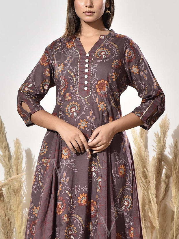 Brown Cotton Printed Kurta and Pant Set