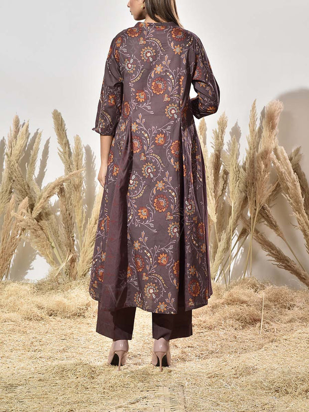 Brown Cotton Printed Kurta and Pant Set