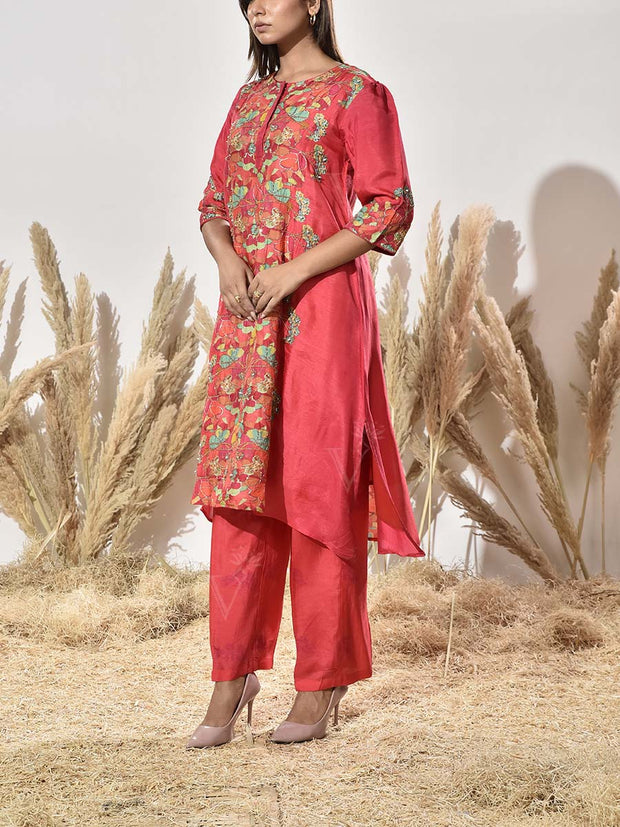 Red Embroidered Vasansi Silk Kurta and Pant Set