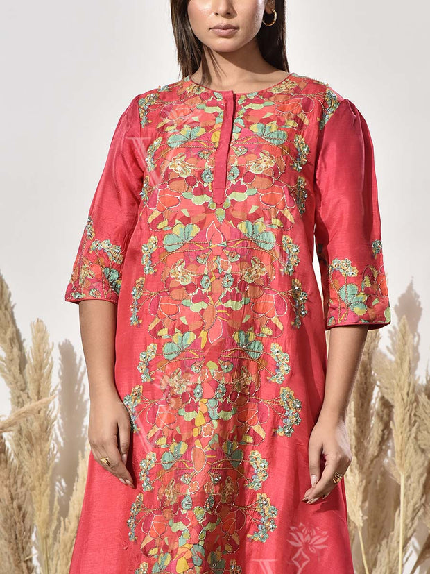 Red Embroidered Vasansi Silk Kurta and Pant Set