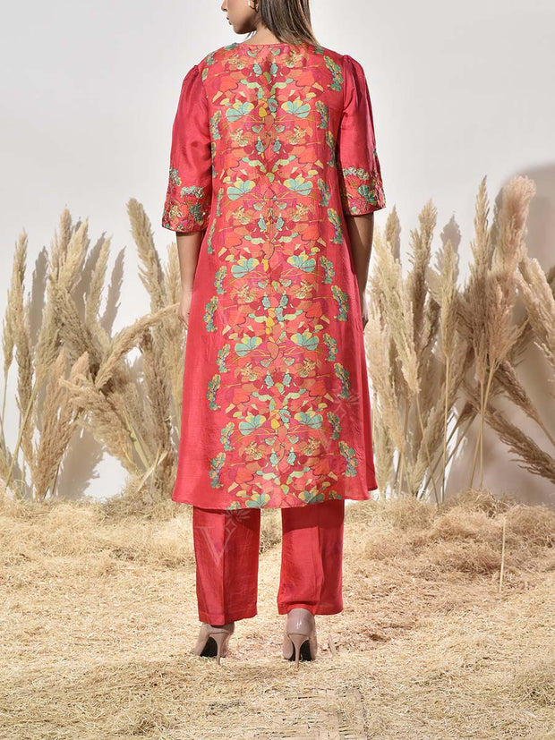 Red Embroidered Vasansi Silk Kurta and Pant Set
