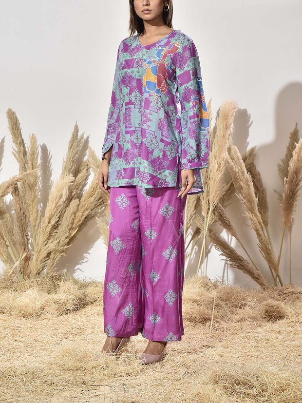 Purple and Green Vasansi Silk Printed Co Ord Set