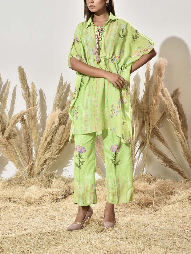Grass Green Vasansi Silk Printed Kaftan and Pant Set