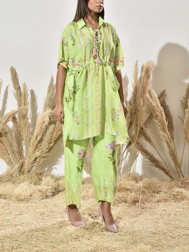 Grass Green Vasansi Silk Printed Kaftan and Pant Set