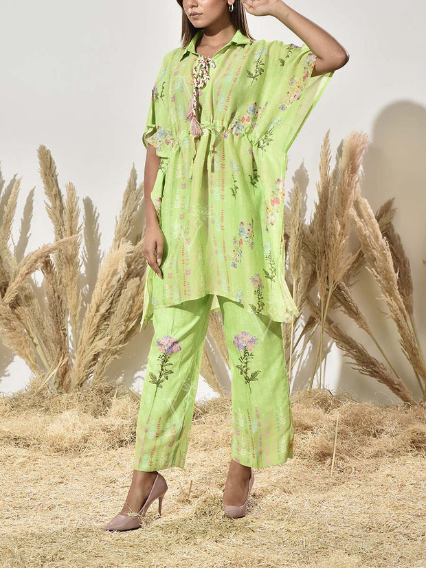 Grass Green Vasansi Silk Printed Kaftan and Pant Set