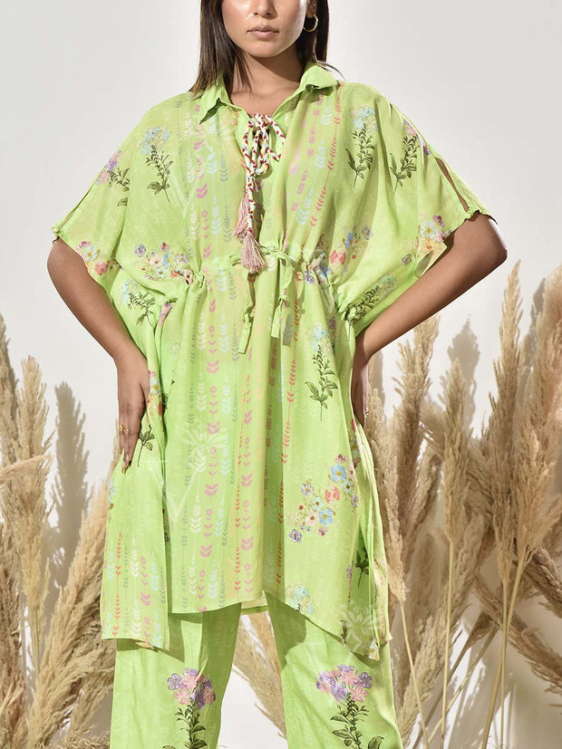 Grass Green Vasansi Silk Printed Kaftan and Pant Set