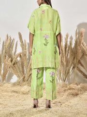 Grass Green Vasansi Silk Printed Kaftan and Pant Set