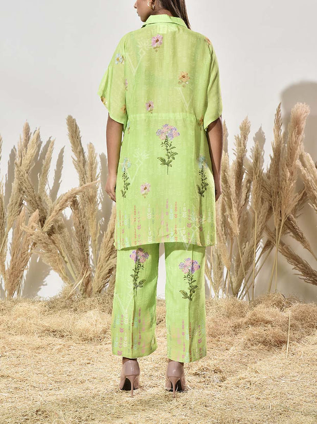 Grass Green Vasansi Silk Printed Kaftan and Pant Set