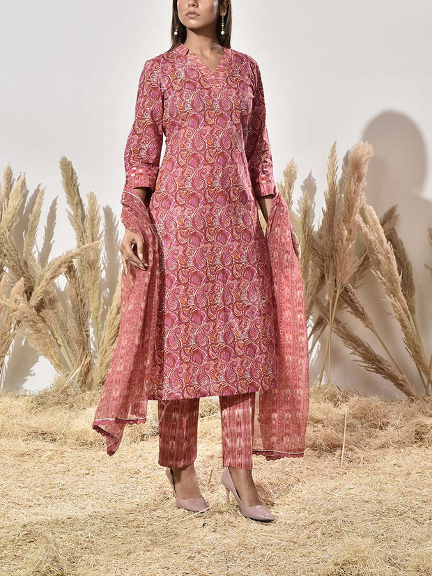 Brown Cotton Printed Suit Set