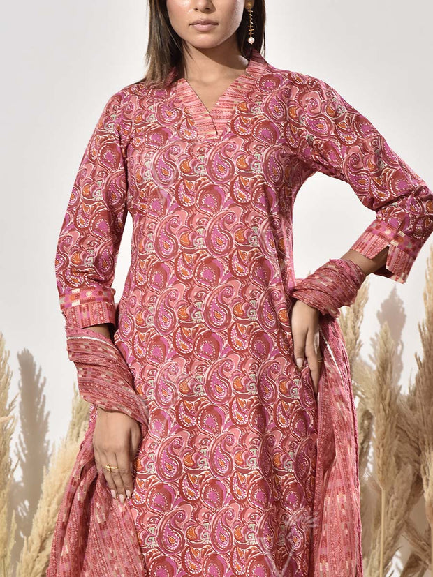 Brown Cotton Printed Suit Set