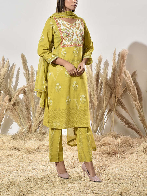 Green Cotton Printed Suit Set