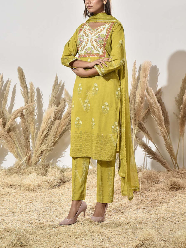 Green Cotton Printed Suit Set