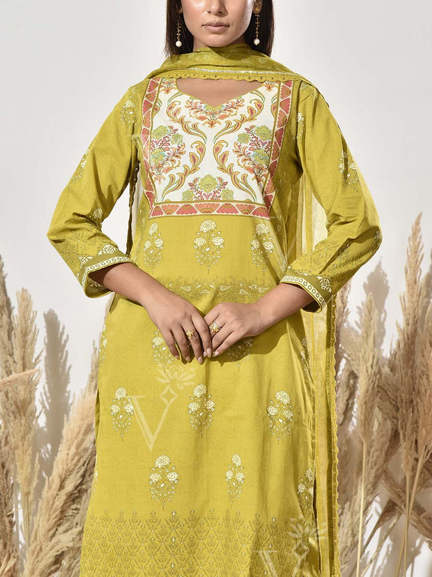Green Cotton Printed Suit Set