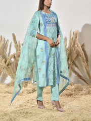 Aqua Cotton Printed Suit Set