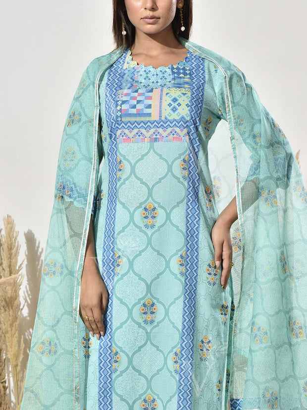 Aqua Cotton Printed Suit Set