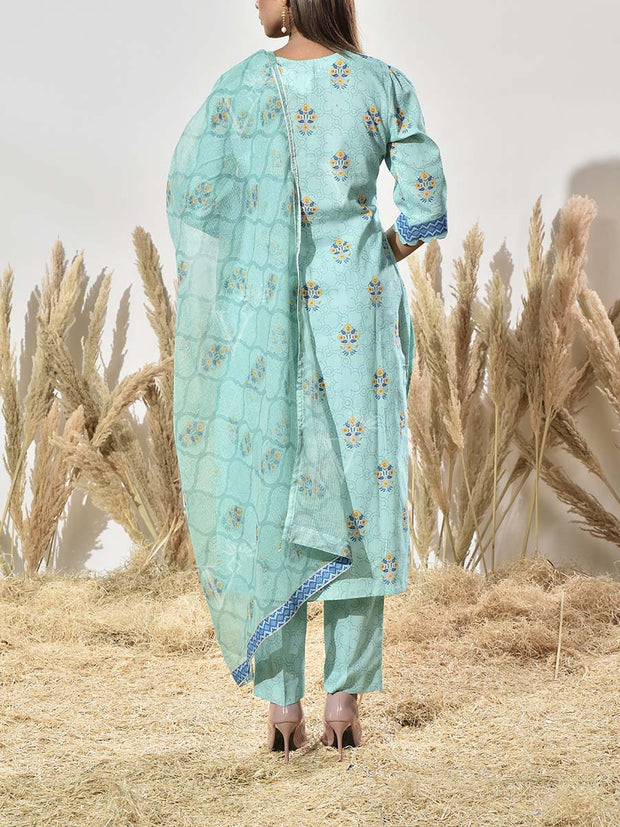 Aqua Cotton Printed Suit Set