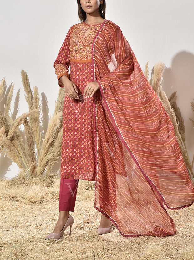 Brown Cotton Printed Suit Set