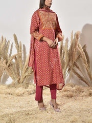 Brown Cotton Printed Suit Set