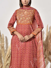 Brown Cotton Printed Suit Set