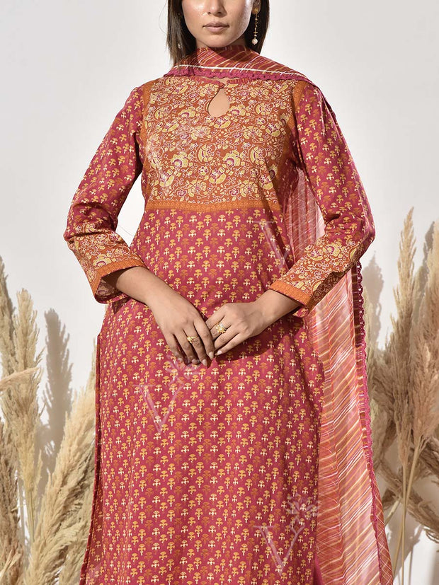 Brown Cotton Printed Suit Set