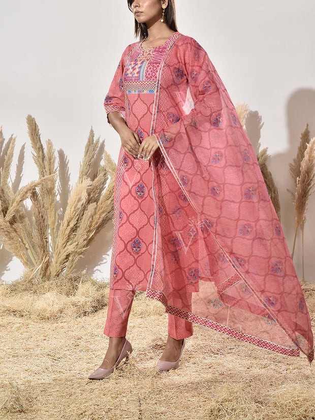 Peach Cotton Printed Suit Set
