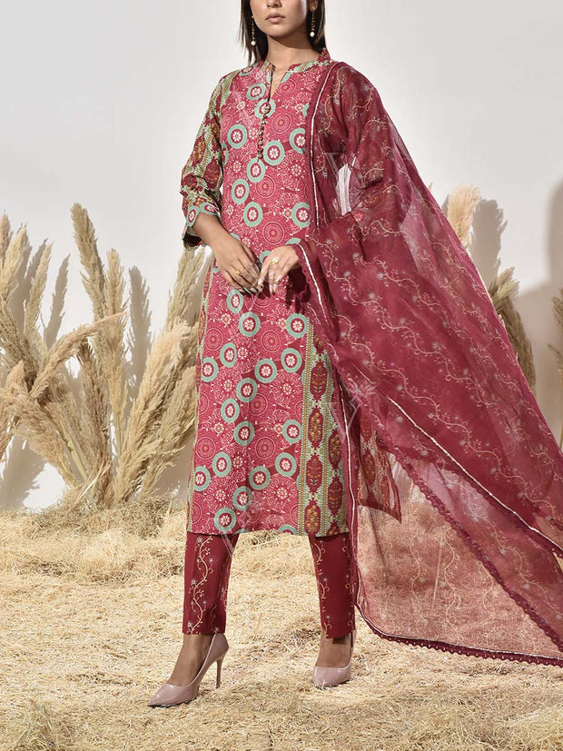 Maroon Cotton Printed Suit Set