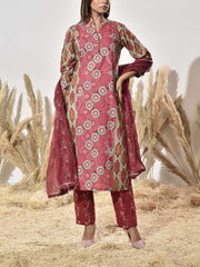 Maroon Cotton Printed Suit Set