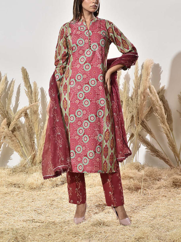 Maroon Cotton Printed Suit Set