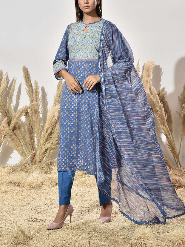 Blue Cotton Printed Suit Set