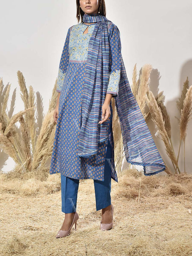 Blue Cotton Printed Suit Set