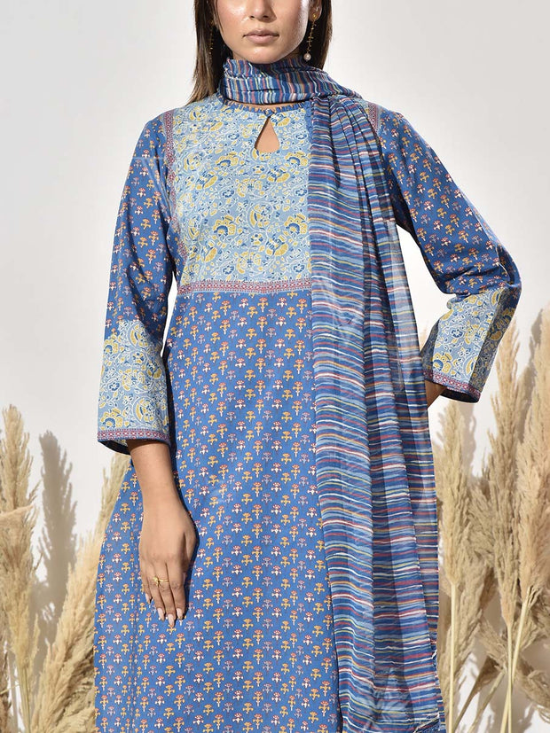 Blue Cotton Printed Suit Set