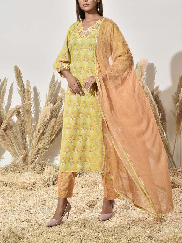 Lime Cotton Printed Suit Set
