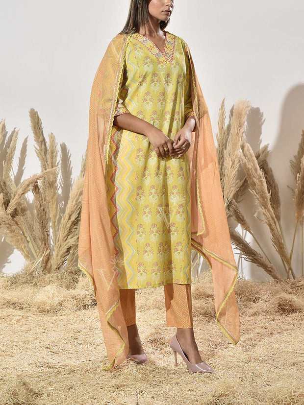 Lime Cotton Printed Suit Set