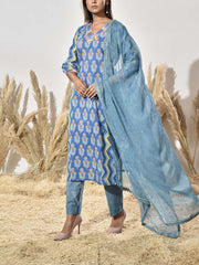 Blue Cotton Printed Suit Set