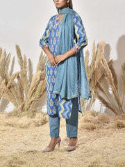 Blue Cotton Printed Suit Set