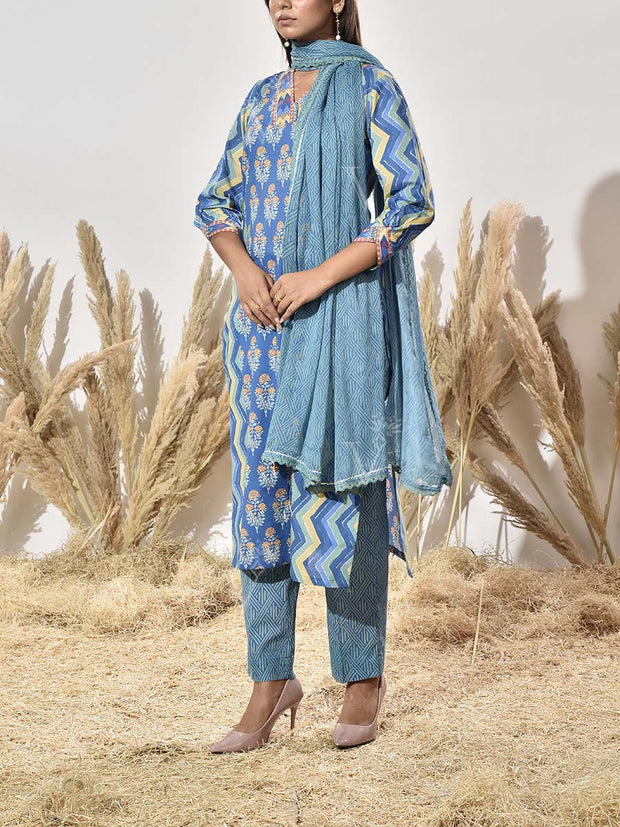 Blue Cotton Printed Suit Set