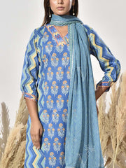 Blue Cotton Printed Suit Set