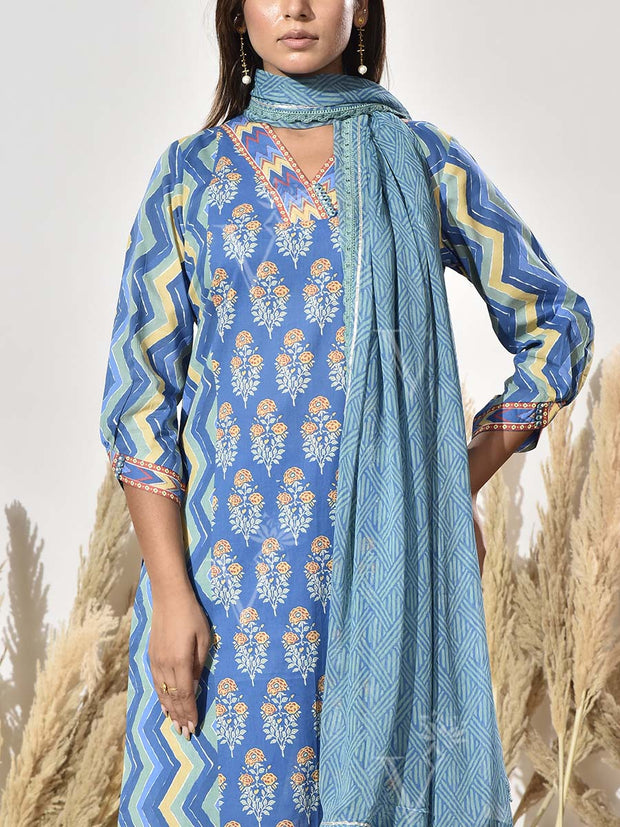 Blue Cotton Printed Suit Set