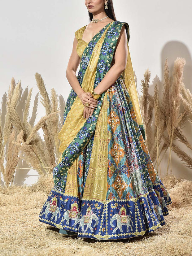 Green and Blue Patola Vasansi Silk Printed Bandhani Lehenga Set