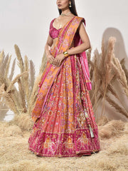 Pink Patola Vasansi Silk Printed Bandhani Lehenga Set