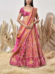 Pink Patola Vasansi Silk Printed Bandhani Lehenga Set