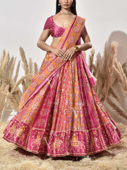 Pink Patola Vasansi Silk Printed Bandhani Lehenga Set